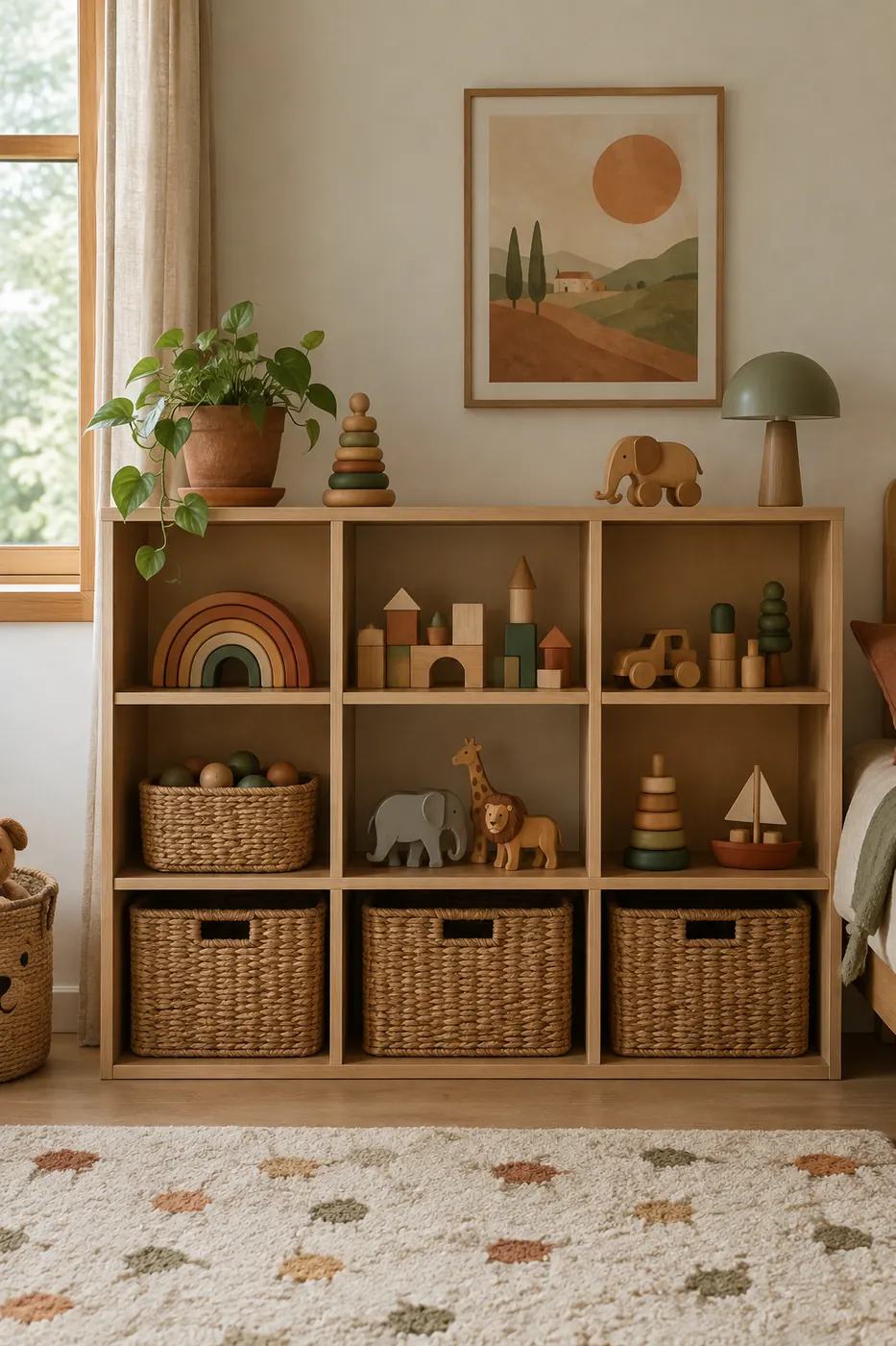Estante baixa de quarto infantil com cestas de palha e brinquedos de madeira