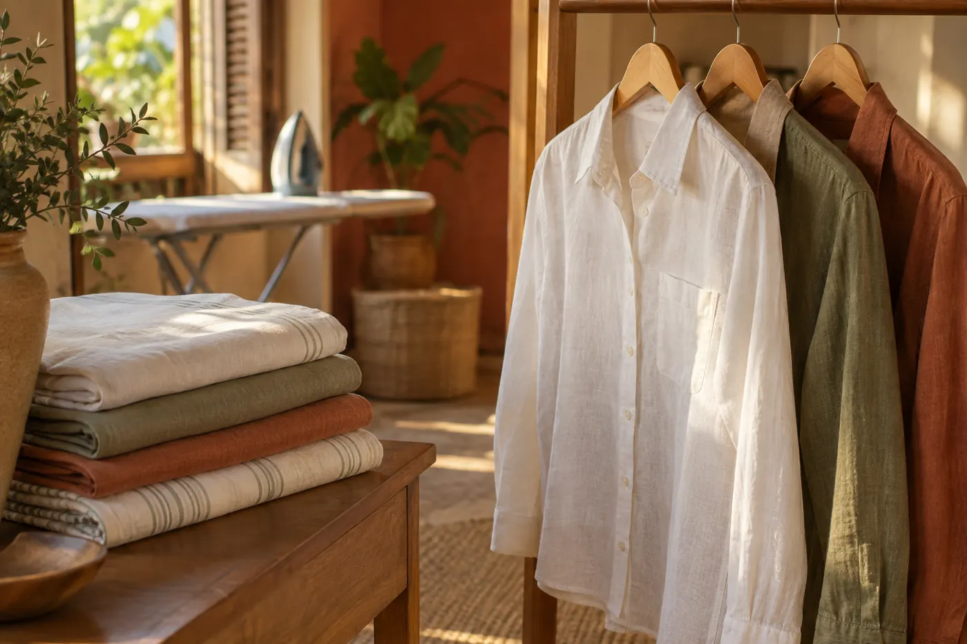 Roupa de cama passada e dobrada ao lado de camisas de linho no cabide